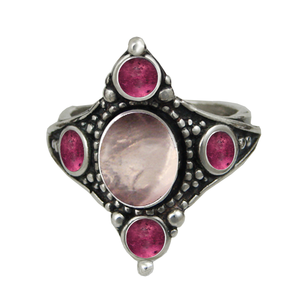Sterling Silver Renaissance Queen's Ring With Rose Quartz And Pink Tourmaline Size 10
